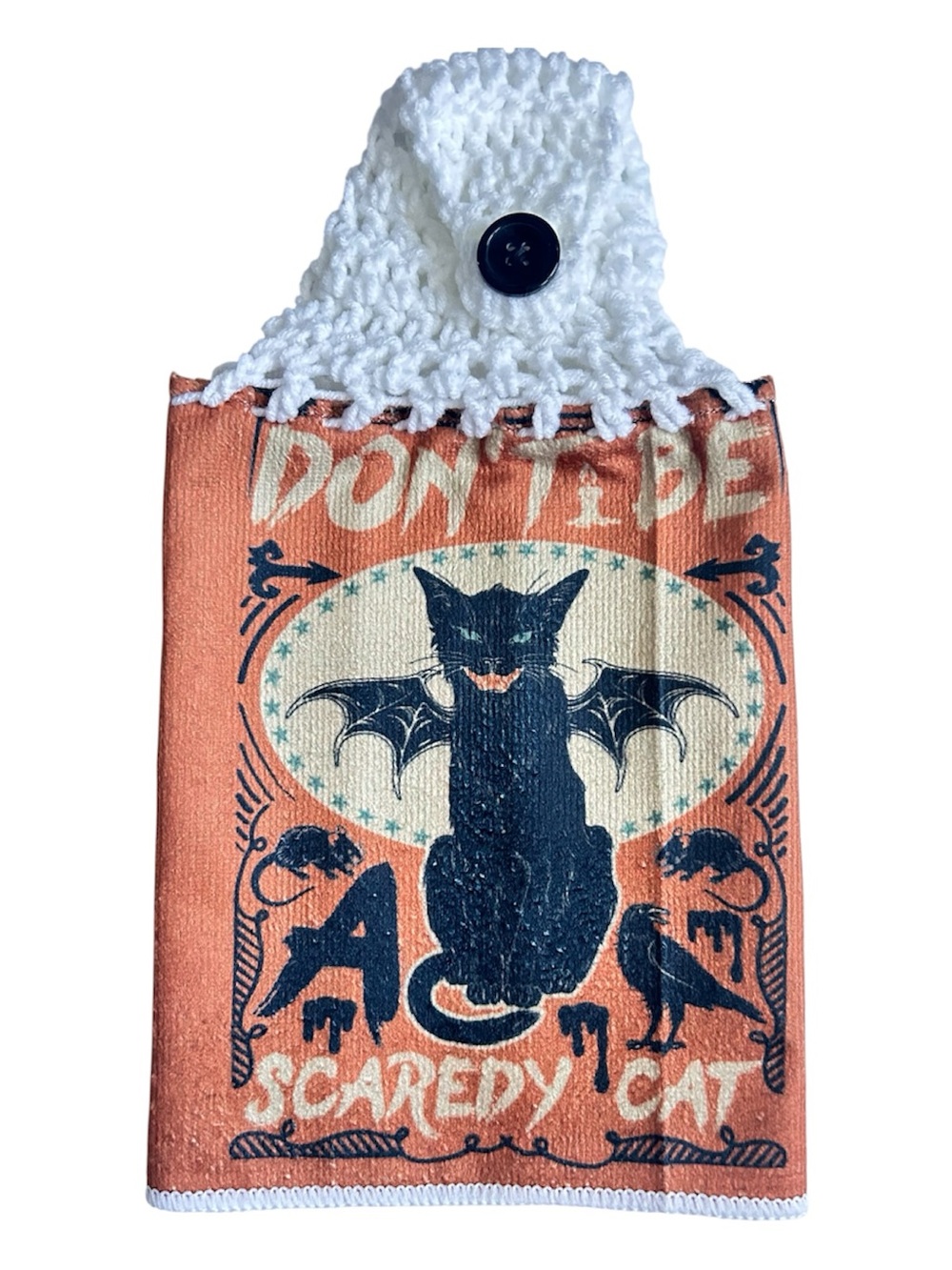 Hand Crafted Orange Black 'Don't Be A Scaredy Cat' Halloween Hanging Hand Towel